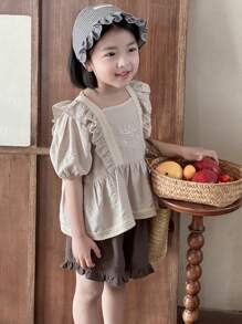 DAZY 2 Stücke Urlaubs-Lässig Set aus bestickter Bluse mit Puffärmeln und Shorts für Kleine Mädchen