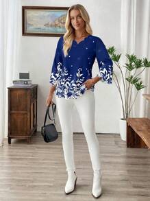 EMERY ROSE Women Loose Floral Bell Sleeve Shirt, Work Blouse