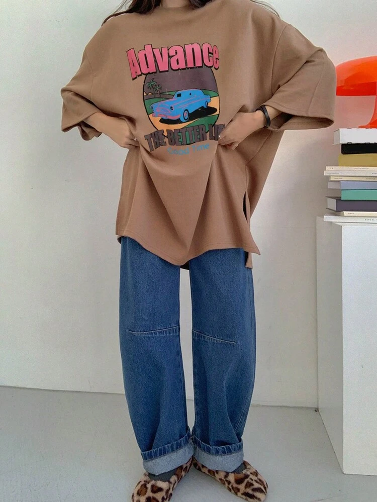 Round Neck Graphic Print Loose Soft T-Shirt For Women