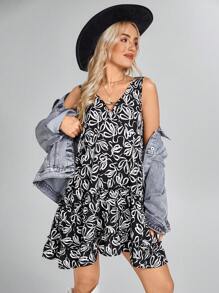 SHEIN LUNE Robe décontracté mini femme à rayures noires et blanches, col V sans manches, ourlet asymétrique, convient pour le printemps/été - Noir et Blanc - Voir 2