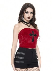 ROMWE Goth Spring Break Concert Festival Party Outfit Women, Rave Outfits, Plush PU Embroidered Cross Pendant Strapless Sexy Color Contrast Crop Top