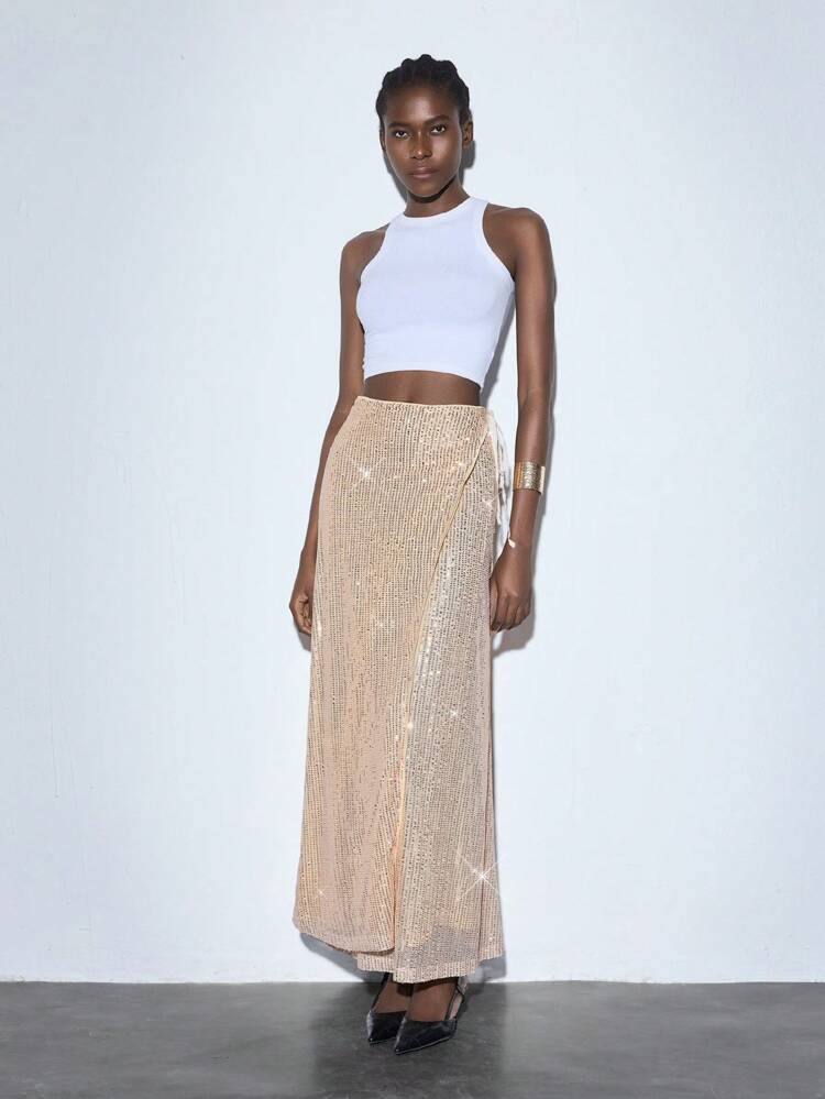 SHEIN Maija Women's Christmas Party Sequin Patchwork Wrap Tie Skirt, Elegant Party Christmas Women Long Skirt Summer S For Women Concert Women