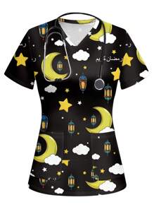 PopScrub Ramadan Star & Moon Pattern Women's Scrub Uniform Top - White - View 1