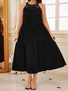 SHEIN Clasi Plus Size Women Solid Color Contrast Lace Halter Elegant Dress