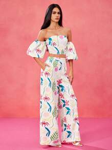 Miriam Omar Designer Boho Bohemian Floral Printed Lantern Sleeves Strapless Top With Flared Pants Set, Festival - Multicolor - View 3