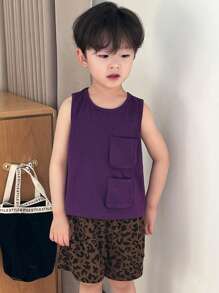 DAZY 2 件套 男童纯色口袋背心和豹纹短裤套装 - 紫色 - 查看 5