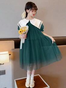 Toddler & Big Tween Girl Girls' Fashionable Puff Sleeve Collar Dress - Green - View 4