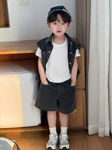 DAZY 2pcs/Set Toddler Boys Front Button Short Sleeve Pocket Casual Top And Denim Shorts Set