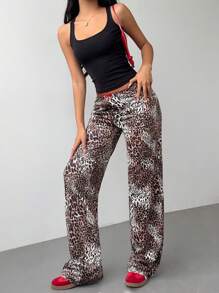 Aloruh Nuevos pantalones ceñidos de cintura alta, estilo casual, de estampado retro americano con lazo, decoración floral de encaje y estampado de leopardo, de estilo dulce y picante