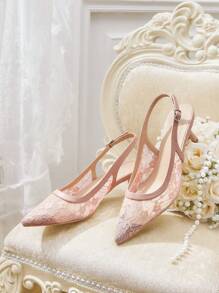 CUCCOO HITCHD Women's Pointed Toe Lace Design Stiletto High Heel Shoes, Romantic & Elegant, Graceful & Noble, Suitable For Wedding, Formal Occasions. Light & Soft Lace Mesh Material, Peach Color. Spring Shoes Spring Break Easter Prom Heels - Dusty Pink - View 4