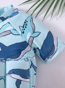 SHEIN 1pc Young Boy Cartoon Dinosaur Pattern Padded One-Piece Swimsuit, Cute Casual Holiday Wear, Suitable For Beach Or Pool, Spring/Summer - Blue - View 4