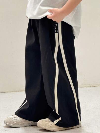 SHEIN 1 Piece Young Boy Japanese And Korean Loose Fit Ribbon Decorated Cuff Black Trousers Suitable For Birthday Parties,Evening Performances,Weddings