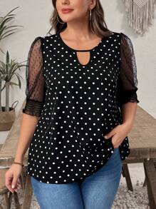 EMERY ROSE 大码女式波点雪纺拼布衬衫，浪漫优雅，春夏