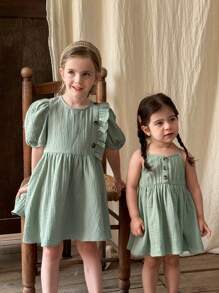 LMoss Kids LMoss Young Girl Woven Solid Color Round Neck Ruffled Hem Fitted Dress - Green - View 1