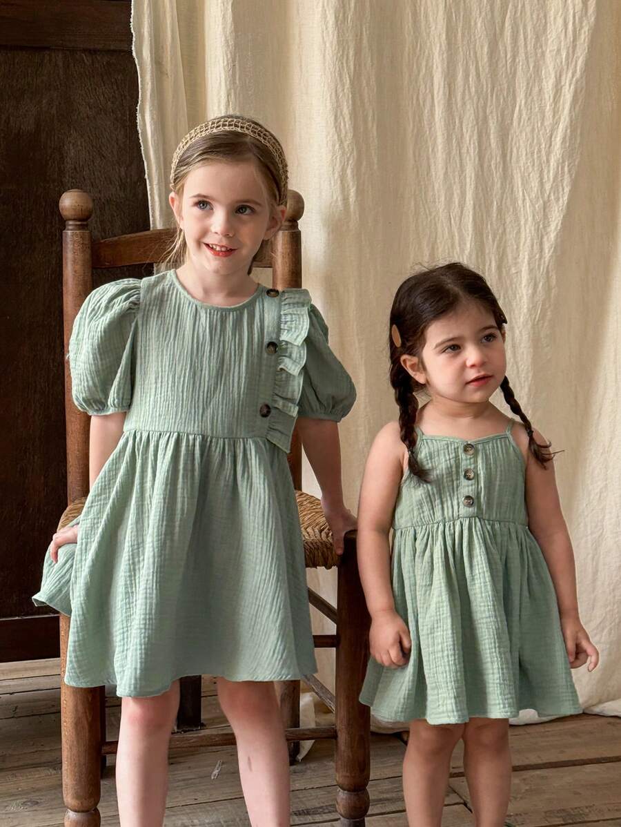 LMoss Kids LMoss Young Girl Woven Solid Color Round Neck Ruffled Hem Fitted Dress - Green - View 1