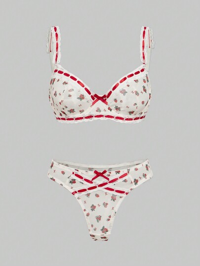 Kawaii Conjunto de sujetador acolchado con estampado de fresa y bloque de color floral, con adorno de encaje en estilo rural fresco