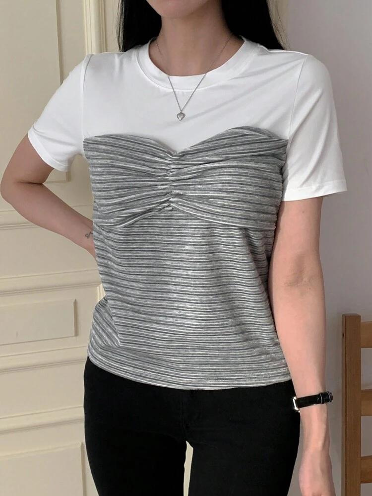 Women's Round Neck Striped Splice Short Sleeve Form-Fitting T-Shirt, Spring/Summer