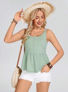 SHEIN LUNE Camiseta con tirantes para mujer con volante en el bajo y apertura con botones en la parte delantera para usar en la playa - verde menta - Ver 5