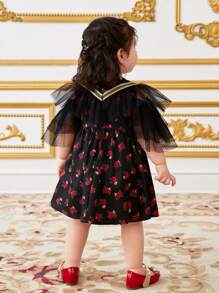 SHEIN Baby Girl Elegant Black Floral Mesh Overlay Summer Dress - Black - View 2