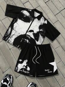 Manfinity EMRG Men's Weird Horror Pattern Short Sleeve Shirt And Shorts Set Men 2 Pieces Short Sets - Multicolor - View 1