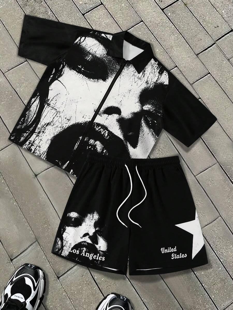 Manfinity EMRG Men's Weird Horror Pattern Short Sleeve Shirt And Shorts Set Men 2 Pieces Short Sets - Multicolor - View 1