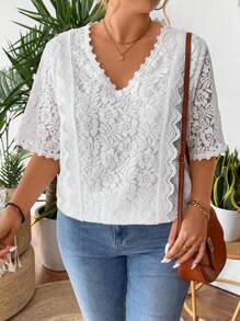 SHEIN LUNE Bluză romantică, elegantă, slăbită, din dantelă, mărime Plus - alb - Vizualizare 5