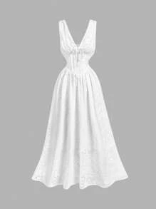 SHEIN MOD V 领系带前白色田园优雅白色连衣裙、茶会连衣裙、早午餐连衣裙、度假连衣裙、波西米亚连衣裙、情人节连衣裙、女士生日连衣裙 - 白色 - 查看 4