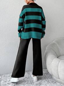 RueChic Women's Striped Button Half Placket Drop Shoulder Sweater And Solid Knit Wide Leg Pants 2pcs Set - Dark Green - View 2