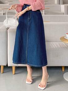 DAZY Women's Pocket Design Long Casual Versatile Denim Skirt Summer