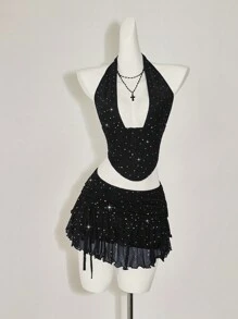 SHEIN ICON Women's Y2k Going Out Two Pieces Summer Sets Rave Festival Sequin Halter Neck Cropped Top And Low-Waisted Mini Skirt Set - Black - View 5