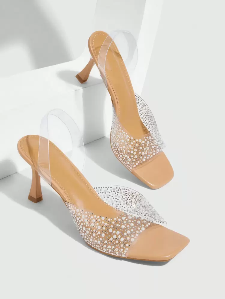 CUCCOO SZL Women's Square Toe High Heel Slippers, Fashion Apricot Transparent PVC Faux Pearl Studded Stiletto Heel Lady High Heel Sandals Spring Shoes Spring Break Easter Prom Heels For Christmas Spring Shoes Prom Heels