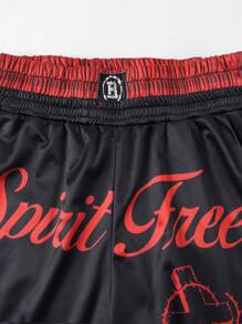 ROMWE MEN Street Life Men's Gothic Cross & Slogan Print Drawstring Waist Shorts, Halloween - Black - View 3