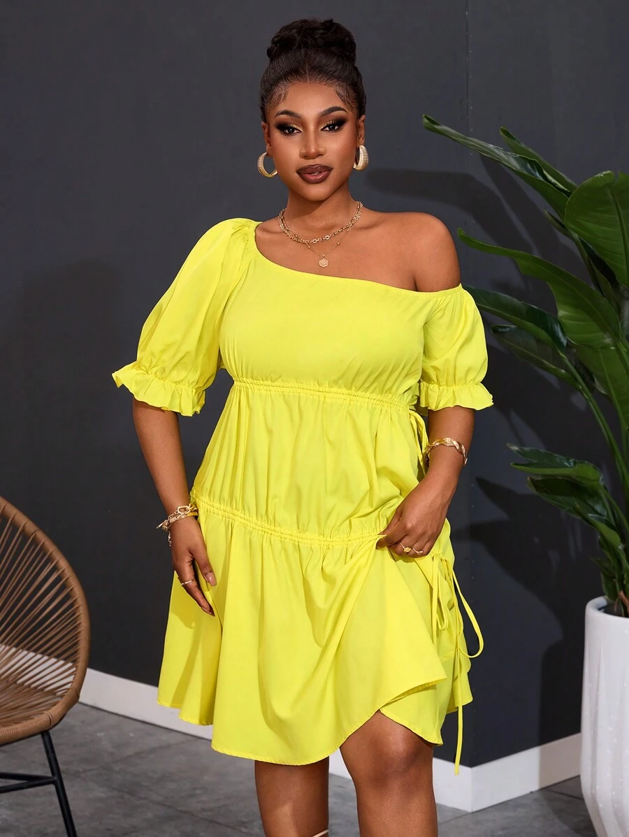 Slaydiva 大码女式轻盈喇叭 A 字形连衣裙，休闲清新 - 黃色 - 查看 1