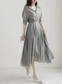 DAZY 女式翻领修腰不对称中长衬衫裙