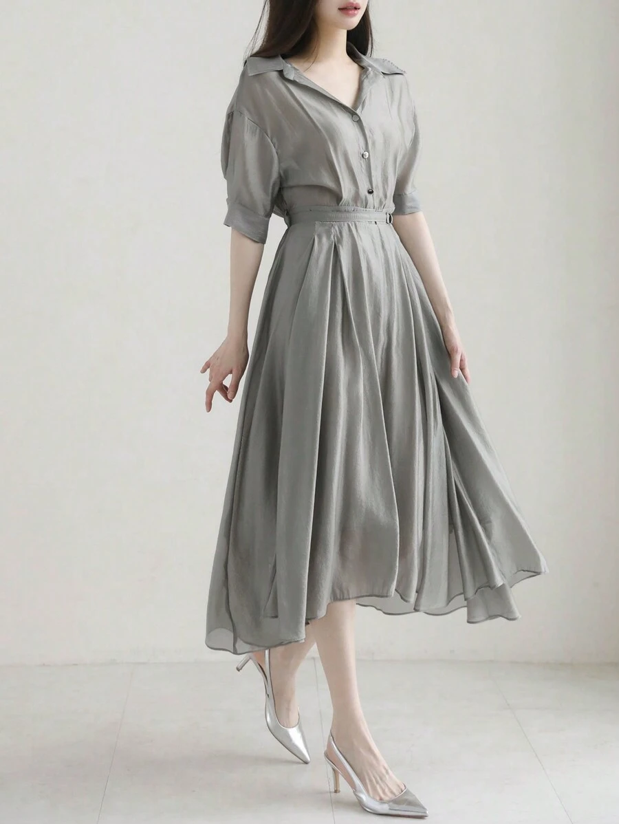 DAZY 女式翻领修腰不对称中长衬衫裙