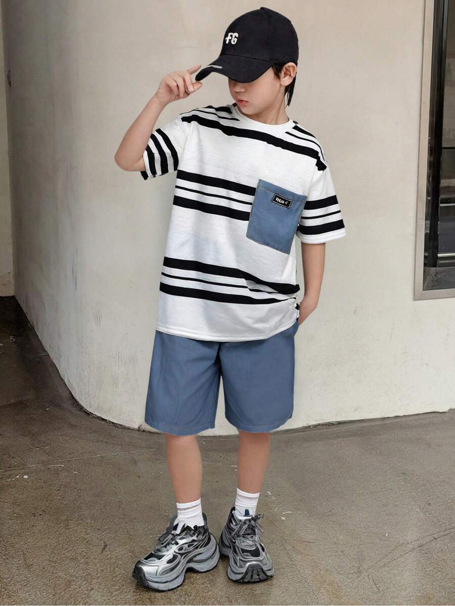 SHEIN Tween Boy Striped Short Sleeve T-Shirt And Shorts 2 Pieces Set - White - View 1