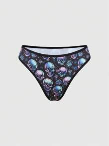 ROMWE 4pcs Set Gothic Punk Skull Rose Milk Silk Thong Panties - Black - View 8