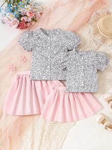 SHEIN 2 pièces Ensemble de tenues assorties pour bébé/bébé fille: Top à manches lanternes avec col, volants et boutons & Jupe à taille élastique à double couche en tulle, tenue d'été et d'usage décontracté - Rose bonbon - Voir 1