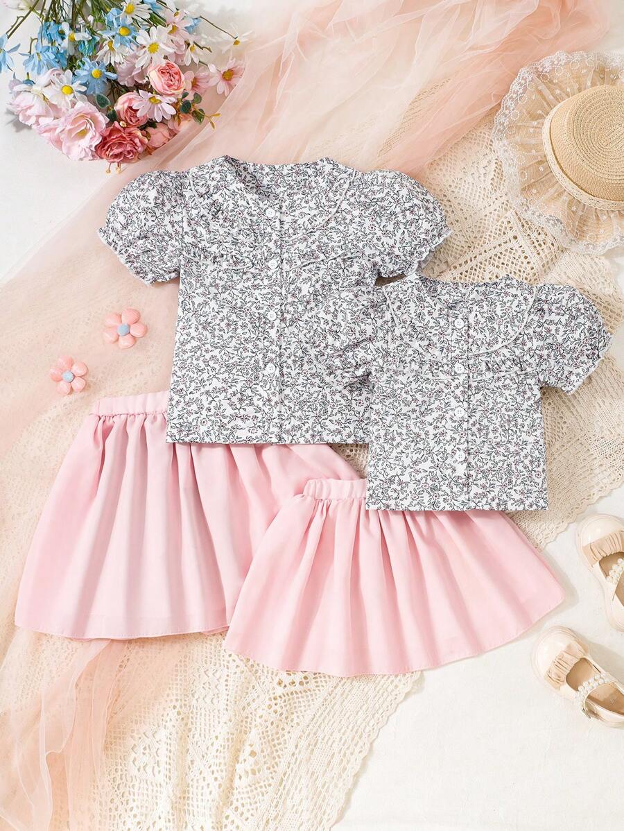 SHEIN 2 pièces Ensemble de tenues assorties pour bébé/bébé fille: Top à manches lanternes avec col, volants et boutons & Jupe à taille élastique à double couche en tulle, tenue d'été et d'usage décontracté - Rose bonbon - Voir 1