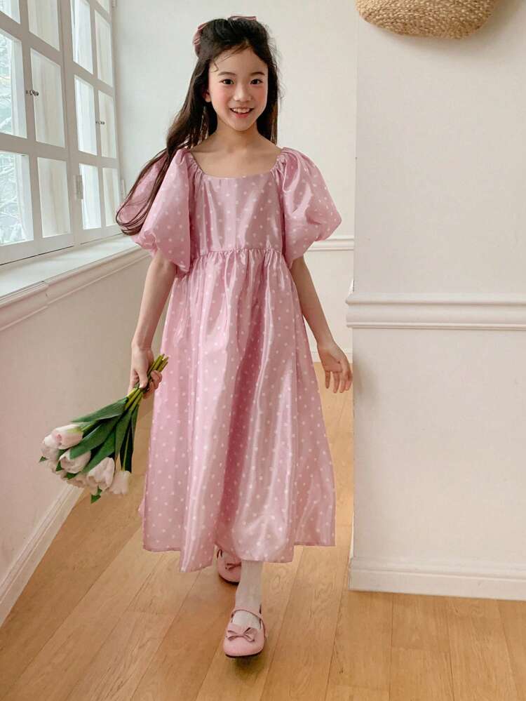 Tween Girl' Square Collar All-Over Print Woven Short Sleeve Dress, For Spring & Summer,Back To School Clothes