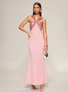 Glamine 新款女士粉色涂层面料拼接吊带露背无袖后拉链针织美人鱼修身四季长款连衣裙，优雅舞会礼服，约会之夜礼服，派对礼服，演唱会服装 - 粉色 - 查看 3