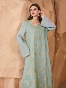 Al Najma V 领刺绣喇叭长袍连衣裙，休闲度假，长袍和 Jalabiya，端庄