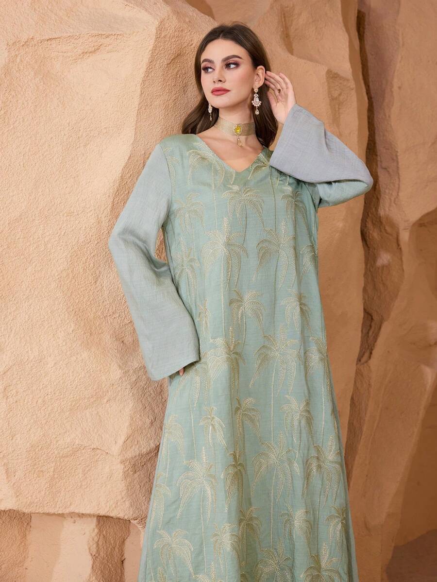 Al Najma V 领刺绣喇叭长袍连衣裙，休闲度假，长袍和 Jalabiya，端庄