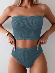 Swim Basics 女士纯色纹理泳衣比基尼套装，适合度假和夏季海滩 - 水鴨藍 - 查看 1