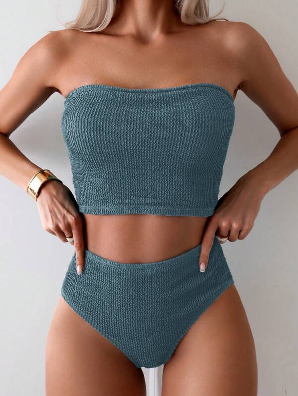 Swim Basics Women Solid Color Textured Swimwear Bikini Set For Vacation & Summer Beach