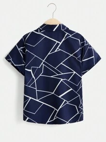 SHEIN 2 件套男童几何线条印花短袖衬衫和裤子套装，休闲通勤 - 彩色 - 查看 4