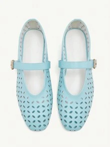 CUCCOO CHICEST Women's Summer Light Blue Round Toe Comfortable Mary Jane Retro Minimalist Laser Floral Flat Shoes Spring Shoes Spring Break Easter - Ice Water - View 1