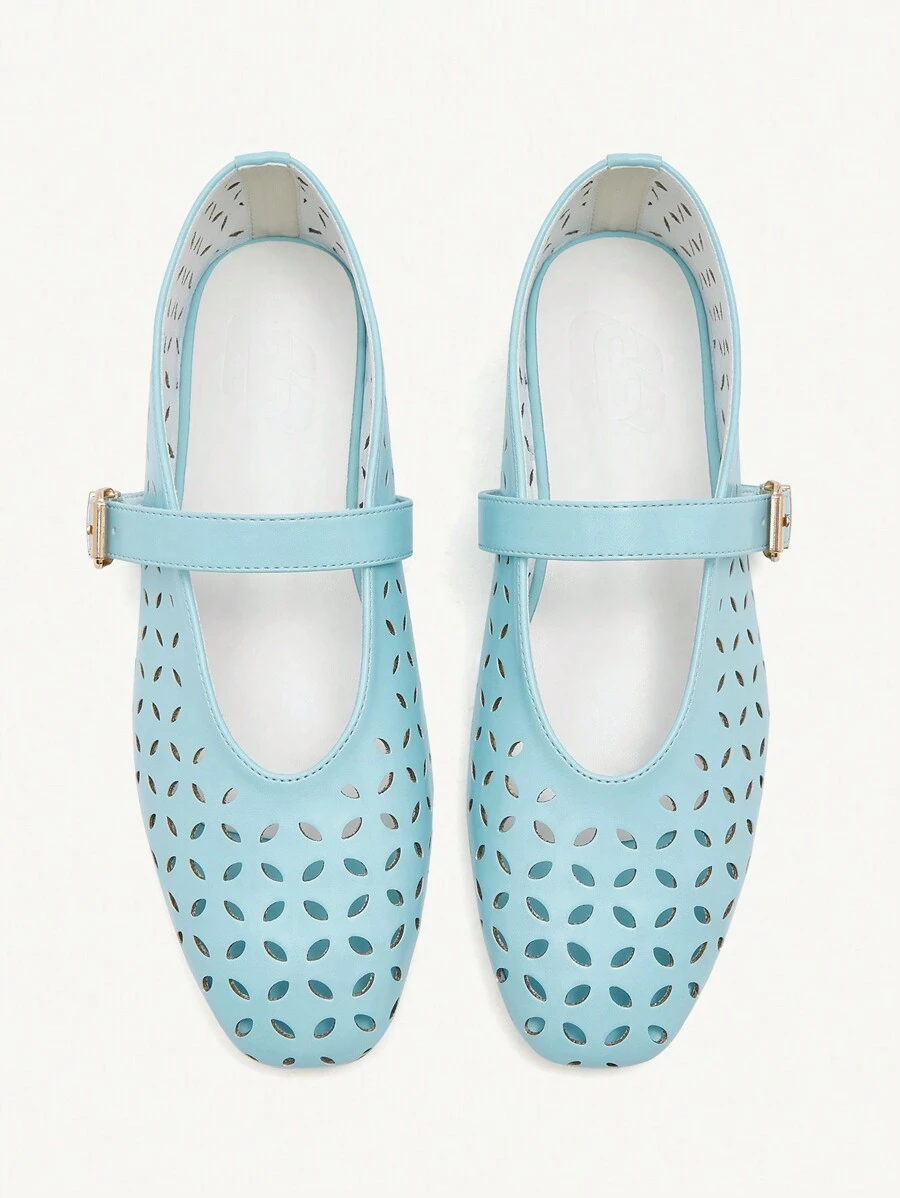 CUCCOO CHICEST Women's Summer Light Blue Round Toe Comfortable Mary Jane Retro Minimalist Laser Floral Flat Shoes Spring Shoes Spring Break Easter - Ice Water - View 1
