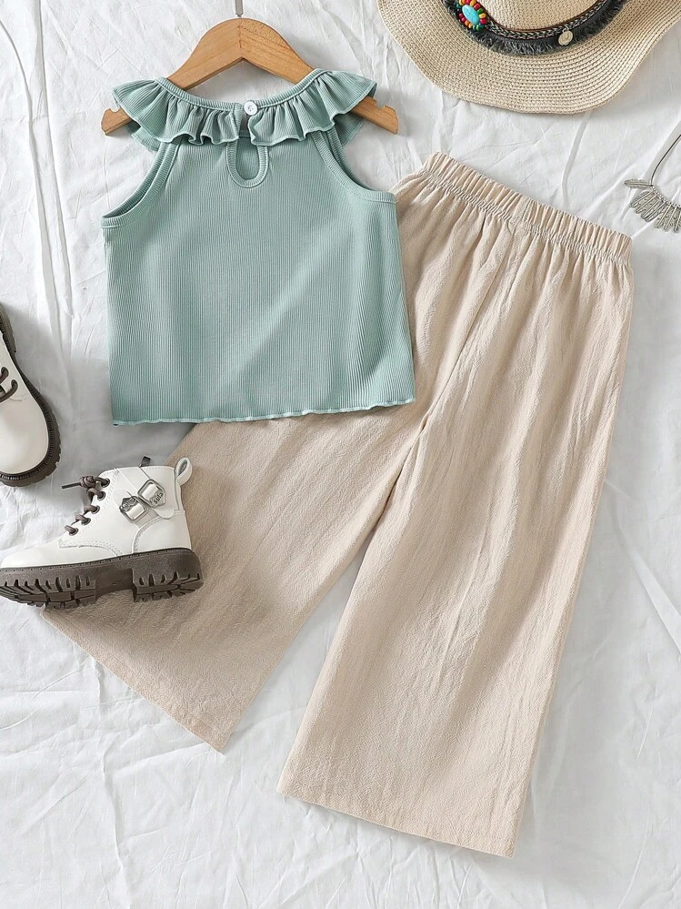 SHEIN Young Girls 2pcs Sets, Spring And Summer "Wildeya" New Style, Casual Ruffled Collar Top In Sage Green And Matching Apricot Pants, Suitable For Outdoor Activities And Daily Wear - Light Wash - View 2