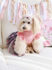 PETSIN 1 قطعة فستان كلب أنيق وجذاب بأكمام وردية بطبعة قلوب وشبك لامع لعيد الحب